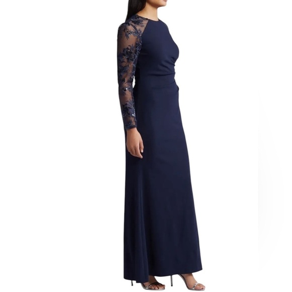 NEW ELIZA J Sequin Embroidered Long Illusion Sleeve Gown in Navy Blue Size 8 - Picture 3 of 10